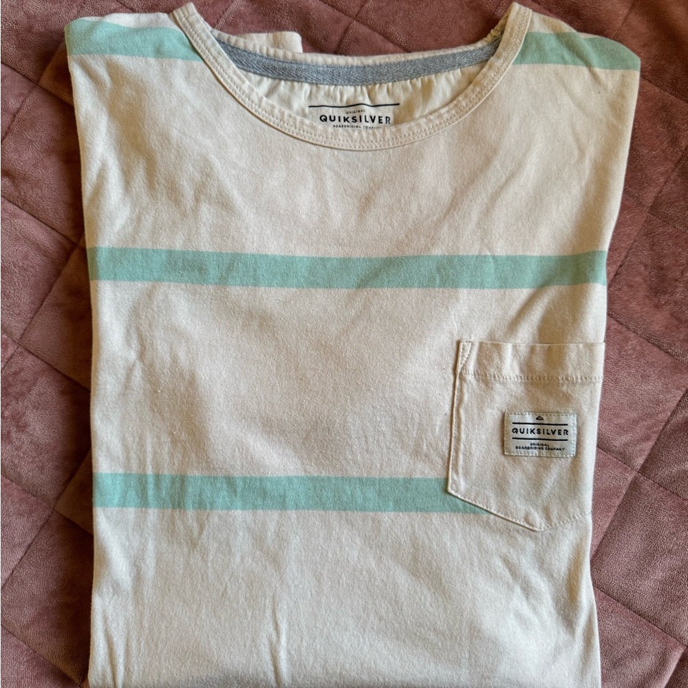 Quiksilver Men's Cream and Green Striped Shirt
